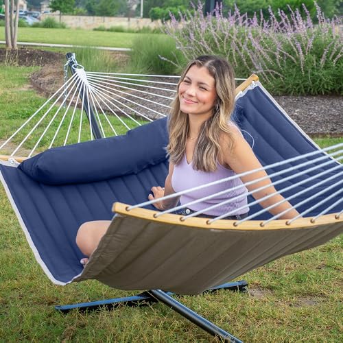 2 Person Hammock with Stand Included, Outdoor Hammock with Curved Spreader Bar, Pillow and Carrying Bag, 450 Lbs Capacity, Navy Blue - color: Navy Blue
