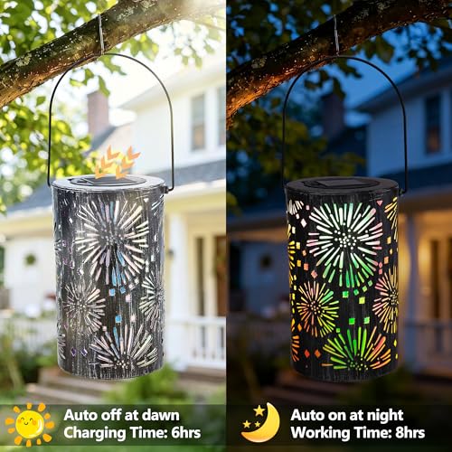 Brizled Solar Lantern Outdoor, July 4th Firework Lanterns Colorful, Waterproof LED Solar Tabletop Lamp, 2 Pack Hanging Solar Garden Lanterns, Metal Garden Pathway Lighting for Patio Path Porch Balcony - size: 2 Pack, style: Firework Lantern Light