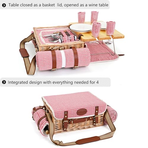 Multifunctional Wicker Picnic Basket Set for 4 with Blanket and Picnic Table, Insulated Picnic Set with Full Tablewares for Camping Outdoor Couples, Gingham - color: Gingham With Blanket &Table for 4