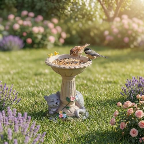 Lyeasw Cat Statue Garden Decor with Bird Feeder Outdoor Yard Decor – Weatherproof Resin Outdoor Patio Porch Lawn Art – Unique Birthday Gifts for Bird Lovers Mom Grandma Women - color: Cat Bird Feeder