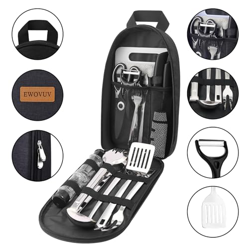 Camping Cooking Utensils Set- Camping Essentials Cookware Accessories Gear Must Haves Camper Tent Camp Kitchen Rv Gadgets Outdoor Stove Portable Picnic Gifts for Women BBQ Stuff - color: Black