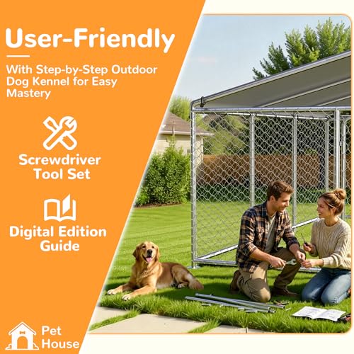 15×15 FT Extra Large & Heavy Duty Dog Kennel Run - Outdoor Metal Enclosure with Lockable Door and Waterproof Cover for Big Dogs - size: 183x183in