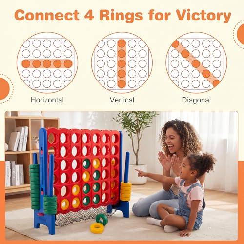 KOTEK Giant 4-in-a-Row Game, 3.5 Feet Tall Jumbo 4-to-Score Family Fun Game w/Quick-Release Sliders & 42 Large Rings, Oversized Connect Plastic Yard Game Outdoor for Kids & Adults (with Mesh Pocket) - color: With Mesh Pocket