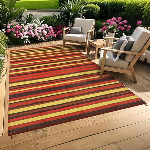 GarveeHome 8x10 Outdoor Rug Geometric Striped Plastic Straw Outdoor Rugs Modern Colorful Lines Reversible Patio Carpets Portable Outside Accent Carpet for Trailer RV Beach Picnic, Red Orange Yellow - color: Geometric Stripes| Red Orange Yellow, size: 8' x