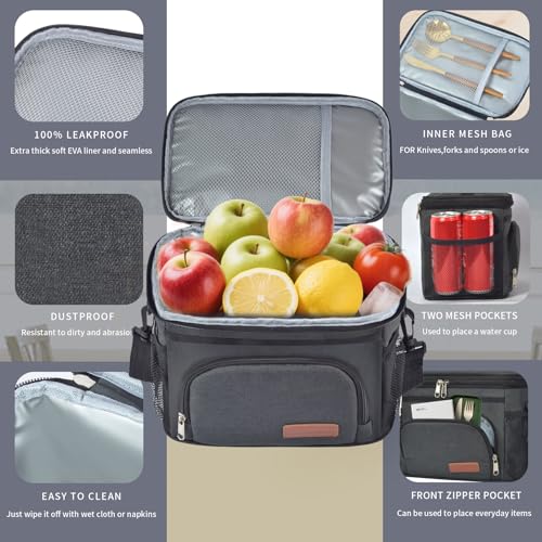 ExtraCharm Insulated Lunch Bag for Women/Men - Reusable Lunch Box for Office Picnic Hiking Beach - Leakproof Cooler Tote Bag Organizer with Adjustable Shoulder Strap for Adults - Black - color: Black
