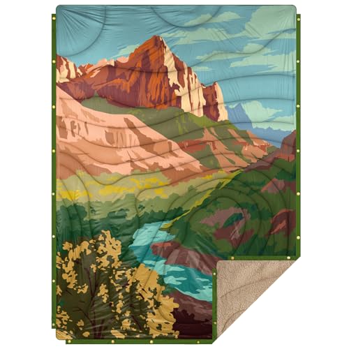 Outdoor Camping Blanket with Sherpa Lining, Extra Warm Thick Camp Blankets and Puffy Ultralight Soft Poncho DWR Camping Quilt for Cold Weather, Adventure, Sleeping, Backpacking 78"x 56" - color: Red Rocks, size: 78 x 56 inches