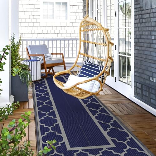GENIMO 2.5 ' x 8 ' Outdoor Rug for Porch Patio Clearance, Waterproof Indoor Outdoor Plastic Straw Rugs Carpet, Reversible Outside Area Rv Mat for Camping, Balcony, Deck, Picnic, Beach (Blue & Gray) - color: Blue & Grey, size: 2'6" x 8' (Runner)