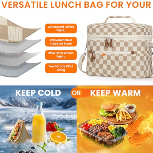 Tenot Insulated Lunch Box for Women Reusable, Leak Proof Cooler Lunch Bag Women for Work Stylish Quilted Lunch Tote Bag for Adult Picnic Travel Hiking Corduroy Checkered Brown - color: Corduroy Checkered Brown