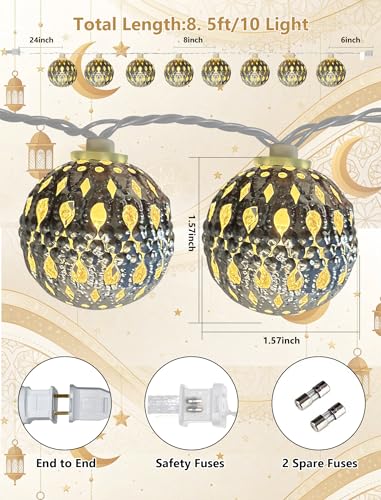 8.5Ft Moroccan String Lights Plug in, 10 LED Silver Metal Globe Fairy Lights, Warm White Hollow Lantern Decorative Lights for Ramadan Eid Mubarak Diwali Bohemian Home Bedroom Patio Party Wedding Decor - color: Silver