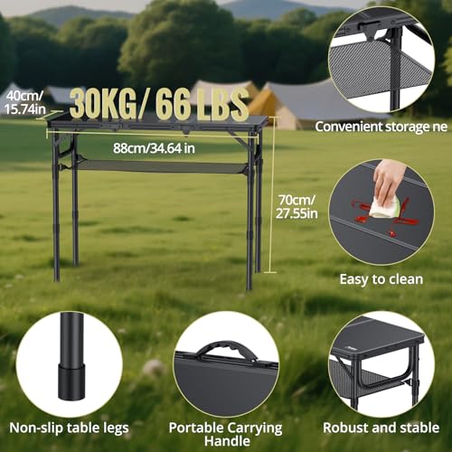 Anbte Folding Camping Table with Storage Net, 3ft Camping Table Aluminum Folding Table with 3 Adjustable Height Max 27.5 Inch Picnic Table Portable Table for Outdoor Backyard BBQ, Pure Black - color: Pure Black