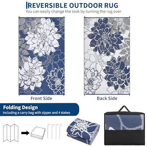GarveeHome Outdoor Rugs 8x10 Waterproof Reversible Outdoor Plastic Straw Rug Modern Floral Patio Rug Indoor Outdoor Carpet RV Mat Outside for Patio Camp Balcony Deck Picnic, Navy - color: Floral|navy&white, size: 8' x 10' (Rectangular)