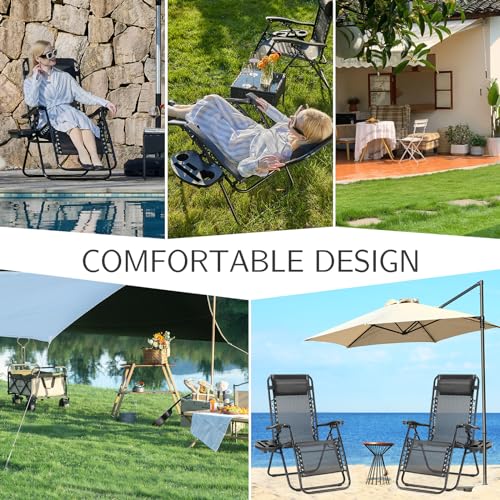 Sweetcrispy Zero Gravity Chairs, Set of 2 Portable Recliner Beach Camping Patio Outdoor Folding Lounge Chair with Cup Holder Trays and Adjustable Pillow for Poolside, Garden, Backyard, Lawn (Black) - color: Black