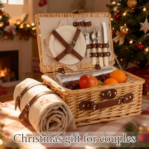 Picnic Basket for 2, Engagement Wedding Bridal Shower Gifts for Couples Bride, Wicker Picnic Basket with Waterproof Blanket & Insulated Liner Willow Hamper Set for Mr and Mrs Outdoor Camping