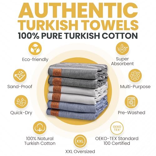Gold CASE LYCIA Turkish Beach Towel Set of 6 – 100% Cotton Turkish Beach Towels Bulk 70 x 38'' – LYCIA Oversized, Quick Dry & Sand Free Beach Towel – Lightweight Towels Set in Multi Dark Tones - color: Multi Dark, style: Beach-Bath Towel Set