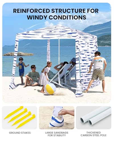 Qipi Beach Cabanas for Sand, Beach Canopy with Sandbags & Side Wall for Family, Easy Set Up Sun Shelter, UPF 50+ UV Protection with Roof Vent - color: 8' x 8' Navy Sailor Dual-Fold