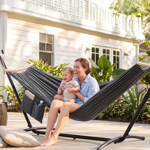 GAFETE Double Hammock with Stand for Outside, Upgraded Spreader Bar, Heavy Duty Space Saving Steel Stand 2 Person, Side Pocket, Easy Assembly, 600lbs Weight Capacity, Indoor & Outdoor (Dark Grey) - color: Dark Grey