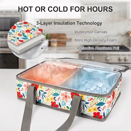 Insulated Casserole Carrier Fits Pioneer Woman Kitchen Stuff & 9x13 Baking Dish, Large Lasagna Lugger Tote, Leakproof Thermal Food Warmer Bag for Potluck, Picnic, Travel, Hot/Cold Food & Mom Gifts - color: Floral#2