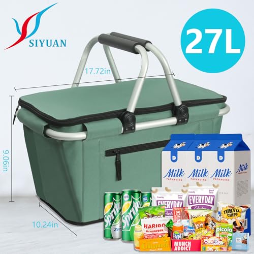 Picnic Basket, SIYUAN Collapsible Shopping Basket with Handles 27L Large Market Basket with Lid Reusable Folding Grocery Basket Insulated Cooler Bag, Green - color: Green