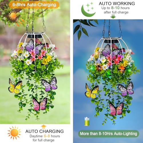 Solar Hanging Lanterns Outdoor Decor,Colorful Lights with Artificial Butterfly & Flowers Danglers for Porch,Yard,Patio,Spring Garden Decorations