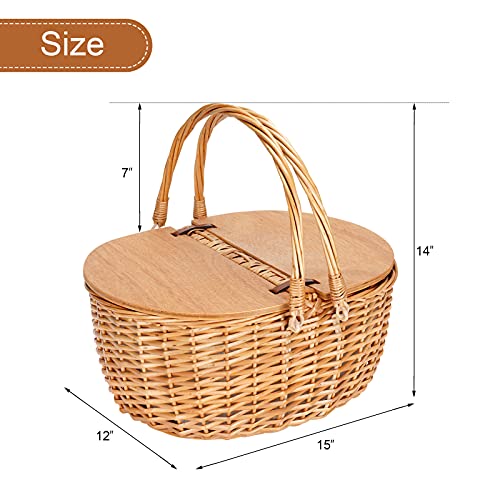 Wicker Picnic Basket with Cooler, Wooden Split Lid Picnic Basket, Vintage-Style Wicker Picnic Hamper with Folding Woven Handle for Picnic, Camping, Outdoor, Valentine Day, Thanks Giving, Birthday - color: White W/Cooler