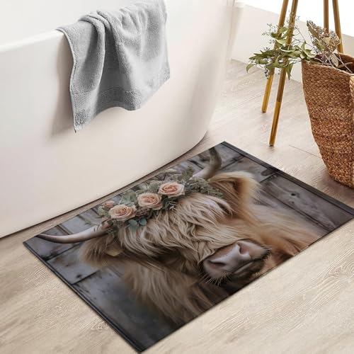 Highland Cow Floral Crown Indoor Door Mat for Entryway, 17x29.5 Inch, Rustic Farmhouse Floor Doormat for Home Decor, Non-Slip Rug Mat for Living Room, Kitchen, Bedroom, Gifts for Animal Lovers - color: Color64