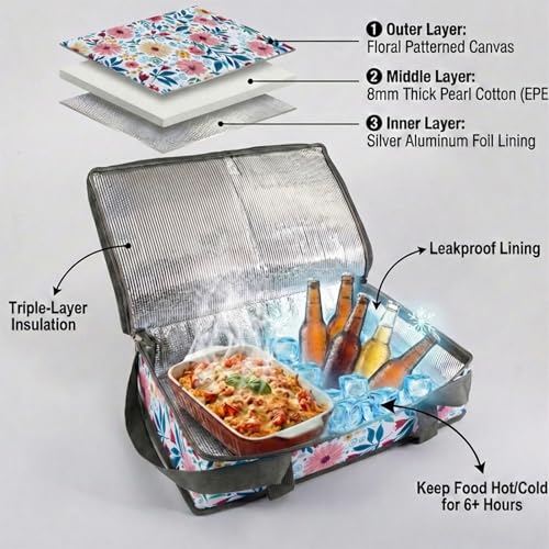 Insulated Casserole Carrier Fits Pioneer Woman Kitchen Stuff & 9x13 Baking Dish, Leakproof Lasagna Lugger Tote, Thermal Food Warmer Bag for Potluck, Picnic, Travel - Vintage Floral & Mom Gifts - color: Floral#4