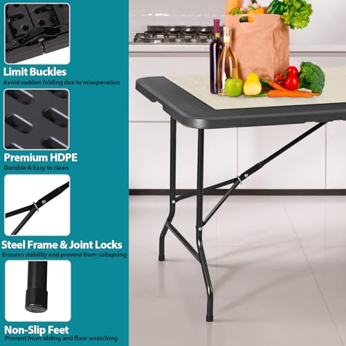 JupiterForce 6ft Plastic Folding Table, Indoor Outdoor Portable Heavy Duty Foldable Camping Table, Fold-in-Half Utility Table Dining Picnic Table for Party Wedding Event, Black - color: Black, size: 6FT