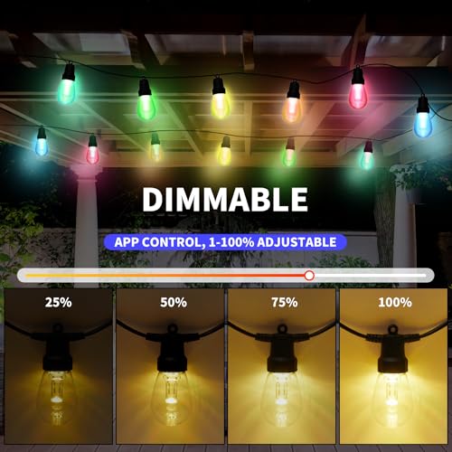 CAWWS Outdoor String Lights 75FT, Outdoor Lights for Patio with 30 Dimmable RGBW LED Bulbs, IP66 Waterproof Shatterproof, with APP Control & Remote, 24V Adapter Color Change,for Backyard Décor - size: 75ft