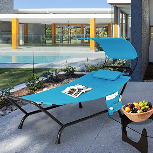 Tangkula Hammock with Stand Included, Heavy Duty Outdoor Hammock with Adjustable Canopy, Rustproof Metal Stand, Pillow, Storage Pocket, Hammock Bed with Stand for Backyard Lawn Poolside (Blue) - color: Blue