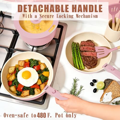 Umite Chef Pots and Pans Set Non Stick, 21 pcs Nonstick Ceramic Cookware Set, RV Kitchen Cooking Set with Detachable Handles, Oven Safe, Induction Cookware, Stackable, Pink, PFAS PFOA & PTFE Free - color: Pink