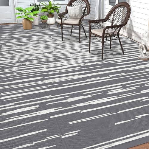 HEBE Outdoor Rug 9'x12' for Patios Clearance, Waterproof Reversible Plastic Straw Rug Camping Mat, Indoor Outdoor Area Rugs Carpet for Deck, Porch, RV, Picnic, Balcony - color: Stripe/Grey, size: 9' x 12' (Rectangular)