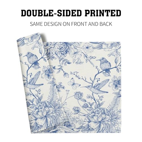 Chinoiserie Placemats Set of 4,18X12 Inch Blue Birds Floral Porcelain Washable Heat Resistant Place Mats for Spring Summer Seasonal Kitchen Party Dining Table Decoration - color: Chinoiserie Flowers
