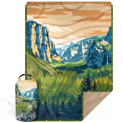 Outdoor Camping Blanket with Sherpa Lining, Extra Warm Thick Camp Blankets and Puffy Ultralight Soft Poncho DWR Camping Quilt for Cold Weather, Adventure, Sleeping, Backpacking 78"x 56" - color: Green Sierra Nevada, size: 78 x 56 inches