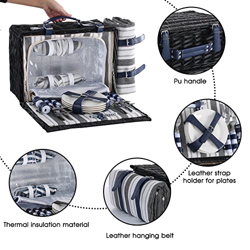 Wicker Picnic Basket for 4 with Waterproof Picnic Blanket and Insulated Cooler, Willow Hamper for Camping, Outdoors, Photoshoot, or a Birthday, Mother's Day, Wedding Gift, Black - color: Grey＆white Stripe