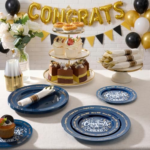 Goodluck 350 Piece Graduation Navy Blue Plastic Dinnerware Set for 50 Guests, Congrats Grad Disposable Plates Include: 50 Dinner Plates, 50 Dessert Plates, 50 Cups, 50 Rolled Napkins with Silverware - color: Navy Blue, style: 350 Piece (50 guests)