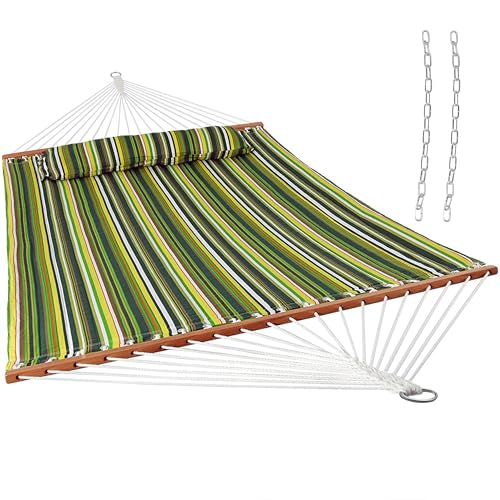 Sunnydaze Quilted Double Hammock for Outside with Spreader Bars and Pillow - 450 lb Capacity, 74x55 Inch Bed, UV Resistant, Quick Dry - Chains Included, Stand Sold Separately - Melon Stripe - color: Melon Stripe