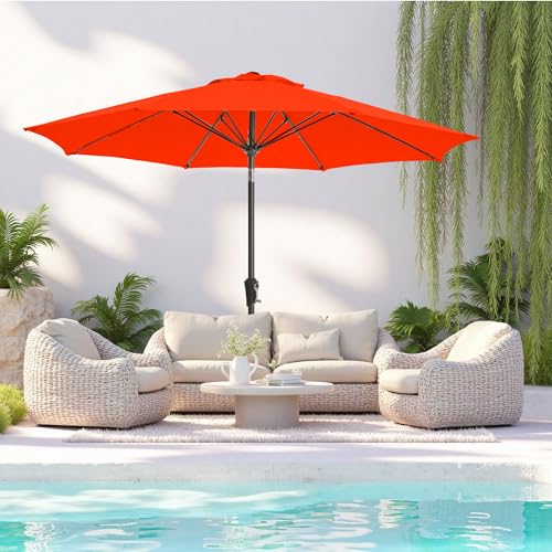 9FT Large Outdoor Patio Umbrella Pool Market Umbrella-UV Resistant, Easy Push Button Tilt and Crank, 8 Sturdy Ribs Heavy-Duty Table Umbrella for Deck, Backyard, Garden(Orange) - color: Orange, size: 9 FT