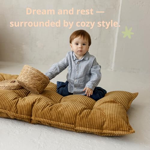 Tufted Floor Cushion – Plush Corduroy Floor Pillow for Reading, Meditation and Yoga – Soft Cozy Window Seat Cushion for Living Room and Bedroom for Adults and Kids - made in EU (Warm Mustard, Small) - color: Warm Mustard, size: Small — 39×21.5 in (100×55