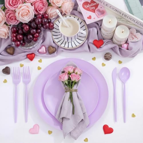 EI 150pcs Purple Plastic Plates for Party,Fancy Disposable Plates,Heavy Duty Plastic Dinnerware Set for Wedding,Easter,Afternoon Tea Party,Spring,Mother's Day,Valentine's Day - color: Purple Frosted Plastic Plates
