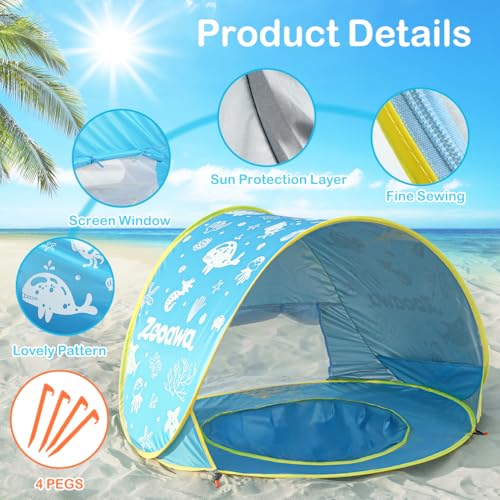 Baby Beach Tent, Pop Up Beach Tent Sun Shade for Beach, Portable Shade Pool UV Protection Sun Shelter for Infant with Beach Sand Toys Set - color: Patterned Blue