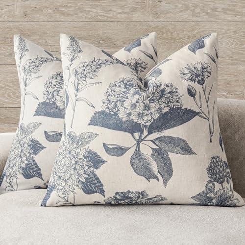 Foindtower Set of 2 Linen Floral Vintage Throw Pillow Covers Neutral Accent Print Decorative Cushion Covers Farmhouse Boho Home Decor for Sofa Chair Couch Bedroom Living Room,18×18 Inch,Blue - color: Aegean Blue, size: 18" x 18" (Pack of 2)