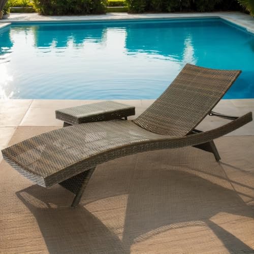 79'' Long Reclining Chaise Lounge + Side Table Set of 2, Outdoor Wicker Reclining Lounge Chair Patio Rattan Double Chaise Lounge + Coffee Table Lawn Sunbathing Chairs Beach Pool Backrest Recliners - color: 1 Chair + 1 Table
