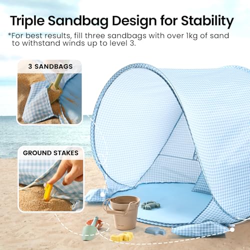 Tiny Land Baby Beach Tent – Pop Up Baby Tent with UV Protection, Portable Baby Beach Essentials, 35.4"x27.6"x31.5" Sun Shelter for Infants, Baby Summer Outdoor Use (Light Blue Gingham) - color: Light Blue Gingham