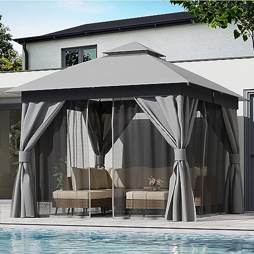 LAUSAINT HOME Gazebo 10x10ft, Heavy Duty Patio Gazebo with Expansion Bolts, Party Canopy Tent with Double Roofs, Mosquito Nettings and Privacy Screens for Backyard, Garden, Lawn, Grey - color: Gray, size: 10'x10'