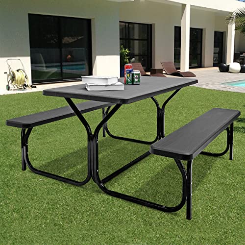 Moccha Picnic Table Bench Set - Portable Plastic Picnic Table w/Steel Frame & Wood-Like Texture, All Weather Heavy Duty Picnic Table Kit, Picnic Tables for Outdoors Garden Patio Party Dining (Black) - color: Black
