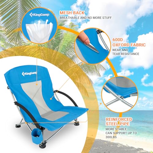 KingCamp Low Beach Chair 2 Pack Folding Portable Lightweight Backpack Chair for Adults with Cup Holder Pocket Carry Bag for Outdoor Camping Concert Festival Travel Sports Lawn Sand, Blue - color: Blue-low Back-2 Pack