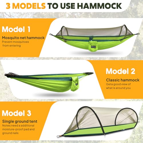 Chihee Ultra-Light Travel Camping Hammock Pop-up Net Hammock 660lbs Load Capacity,Breathable,Quick-Drying Parachute Nylon 2 Premium Carabiners,2 Tree Slings Included for Outdoor Backpacking Hiking - color: Light Green/Dark Green