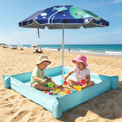 LOTTAFUN Beach Umbrella for Kids with Walled Blanket, Sandbox for Toddlers Lightweight Mat for Outdoors, Water Resistant, Portable and Lightweight for Sand and Grass - color: kid umbrella and blanket