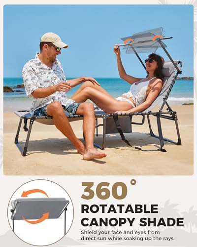 KingCamp Oversized Padded Chase Lounge Chairs, Extra-Wide Folding Tanning Chair Adjustable 5-Position 400lbs Heavy Duty Lounger with Double-Layer Oxford Canopy Shade for Outdoor Beach Patio Sun Pool - color: Canopy Oversize Grey-1 Pack