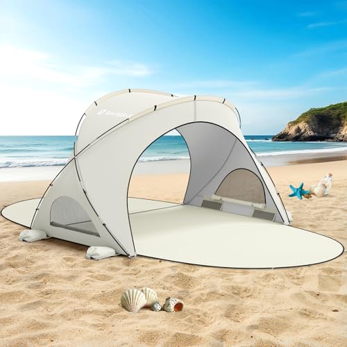 Raynesys Beach Tent Sun Shelter, Beach Shade Tent with UPF50+ UV Protection, Sun Shelter for 1-4 Person, Beaches Shade with 2 Zippered Doors, Portable Tents for Camping Fishing, Beige - color: Beige, size: For 4 Person